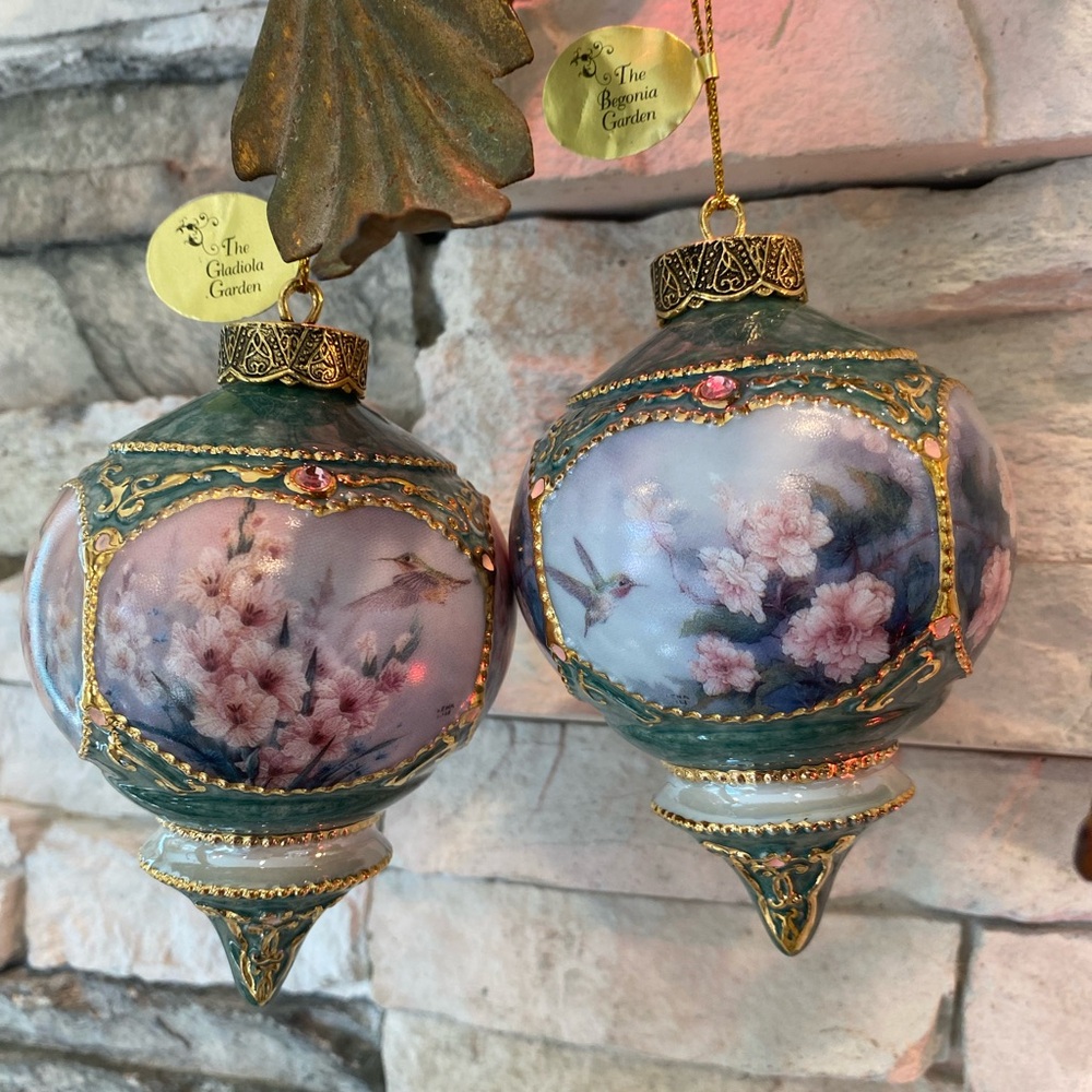 2 Ornaments All Season Christmas Porcelain Gilt Gold Painted Floral Birds Signed
